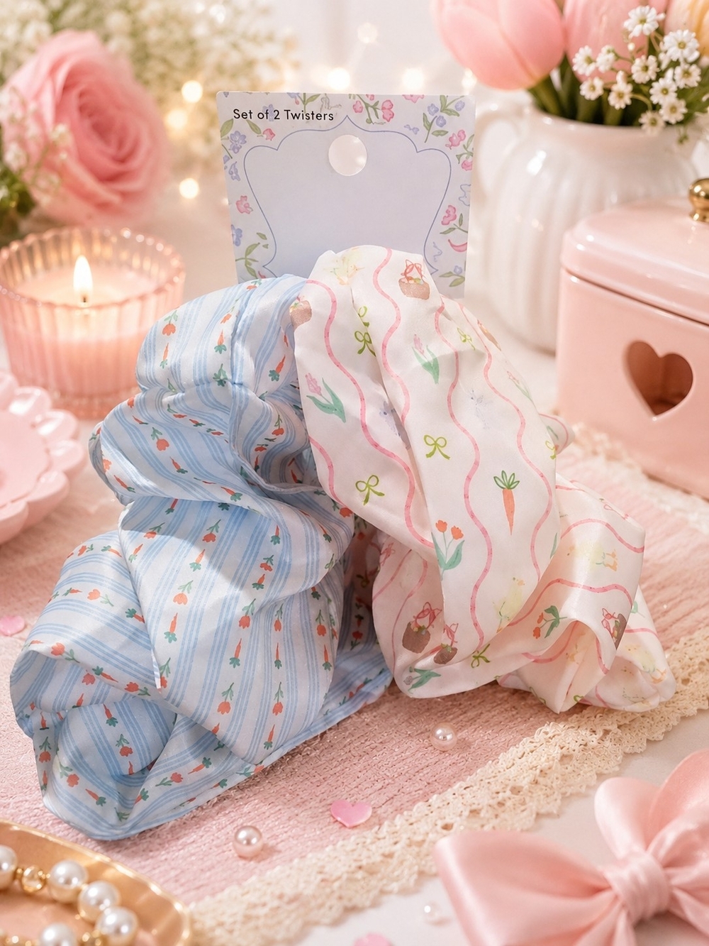 Set of 2 Spring Floral & Carrot Sheer Scrunchies